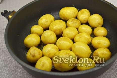 обжарить картофель на сковороде или выложить в форму для запекания